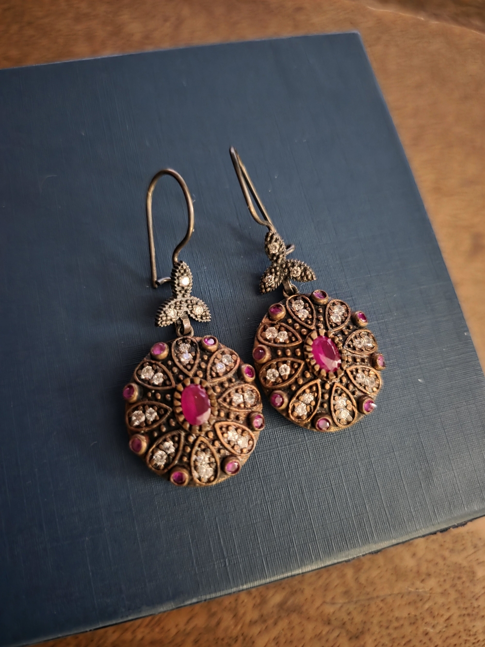 Vintage-Style Rose Washed 925 Silver Pink Gem Floral Drop Earrings